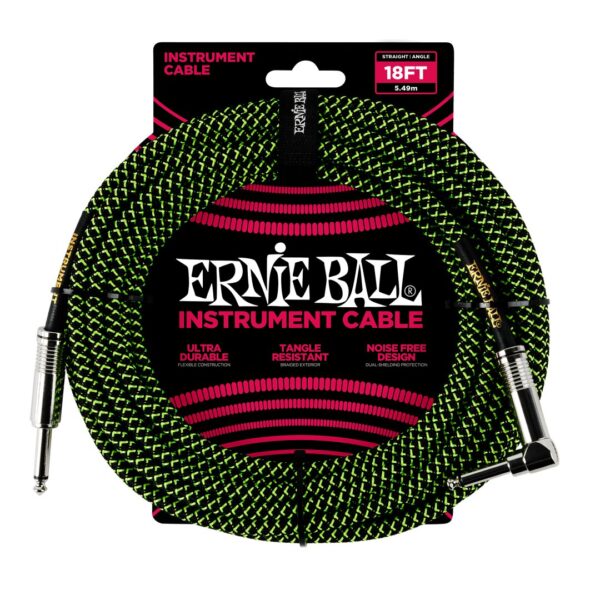 18' Braided Straight / Angle Instrument Cable - Black / Green