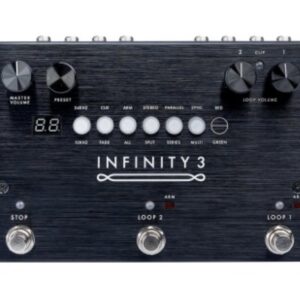 The Infinity 3 Effects Pedal from Pigtronix is simple to operate, yet tremendously powerful and versatile. This highly musical looping pedal provides instantaneous record, playback, dub, undo and redo, on two stereo loop pairs that can be played in series or parallel, as well as synchronized and queued up for automatic playback. On top of superior speed and a unique, performance-friendly feature set, Infinity 3 sounds downright incredible thanks to its discrete analog limiter stages, transparent analog pass-through and 24 bit HD recording engine with variable sample rate that can be incremented in semi-tones over two octaves. With approximately 3 hours of recording time on up to 50 loop pairs, the Infinity 3 was designed to inspire compositional depth and engaging performances. Comprehensive MIDI control and intelligent MIDI clock jitter correction provide the ability to link the Infinity 3 to a DAW, Drum Machine or other effects pedals. Features • Voltage: 18VDC • Current draw: 200mA • Input impedance: 1M • Output impedance: 150ohms • Length: 5" • Width: 7.4" • Height: 2.4" • Weight: 1.2 lb.
