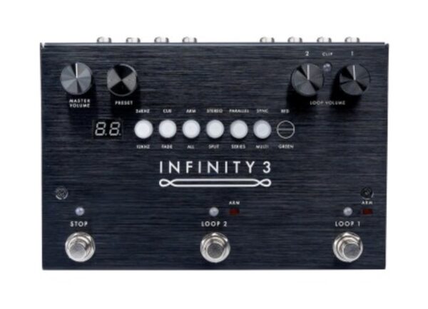 The Infinity 3 Effects Pedal from Pigtronix is simple to operate, yet tremendously powerful and versatile. This highly musical looping pedal provides instantaneous record, playback, dub, undo and redo, on two stereo loop pairs that can be played in series or parallel, as well as synchronized and queued up for automatic playback. On top of superior speed and a unique, performance-friendly feature set, Infinity 3 sounds downright incredible thanks to its discrete analog limiter stages, transparent analog pass-through and 24 bit HD recording engine with variable sample rate that can be incremented in semi-tones over two octaves. With approximately 3 hours of recording time on up to 50 loop pairs, the Infinity 3 was designed to inspire compositional depth and engaging performances. Comprehensive MIDI control and intelligent MIDI clock jitter correction provide the ability to link the Infinity 3 to a DAW, Drum Machine or other effects pedals. Features • Voltage: 18VDC • Current draw: 200mA • Input impedance: 1M • Output impedance: 150ohms • Length: 5" • Width: 7.4" • Height: 2.4" • Weight: 1.2 lb.