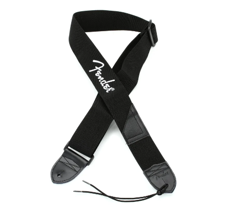 Thanks to an assortment of quality features and heavy-duty construction, this 2" black strap is as striking as it is functional. Features Fully adjustable length (33"-53") provides a versatile fit for most players. Extra strap pocket stores additional guitar picks conveniently and efficiently. Embroidered Fender logo and embossed logo on strap ends adds a shot of classic style. Logo available in white, grey, red or yellow. Reinforced leather ends keeps strap stable and secure.
