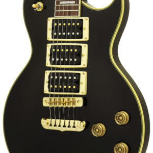 The combination of gold hardware with an aged black finish gives the new PE-350PF a legendary look. Equipped with a triple pickup system, this guitar provides players nearly unlimited sonic options. • Body: Okoume, Carved Top • Neck: Okoume, Heel-less Set Neck • Fingerboard: Rosewood • Frets: 22F • Scale: 628mm (24-3/4″) • Pickups: CPH-1 x 3 (Alnico-5) “Aria Classic Power” • Controls: -1 x Volume (Bridge & Neck combined) • 1 x Tone (Bridge & Neck combined) • 1 x Volume (Middle pickup) • 1 x Tone (Middle pickup) • 3-way PU Selector (Neck and Bridge PU only. Midde PU always on) • Tailpiece: Aria Original SPT bridge and QH tailpiece, with gold hardware PE-350PF AGBK (Aged Black)